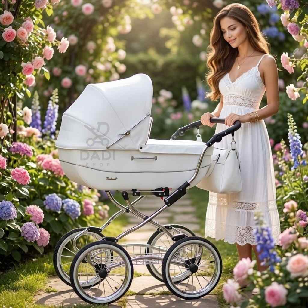Kobieta w białej, koronkowej sukience prowadzi biały wózek Baby Fashion Renee w ogrodzie pełnym róż.