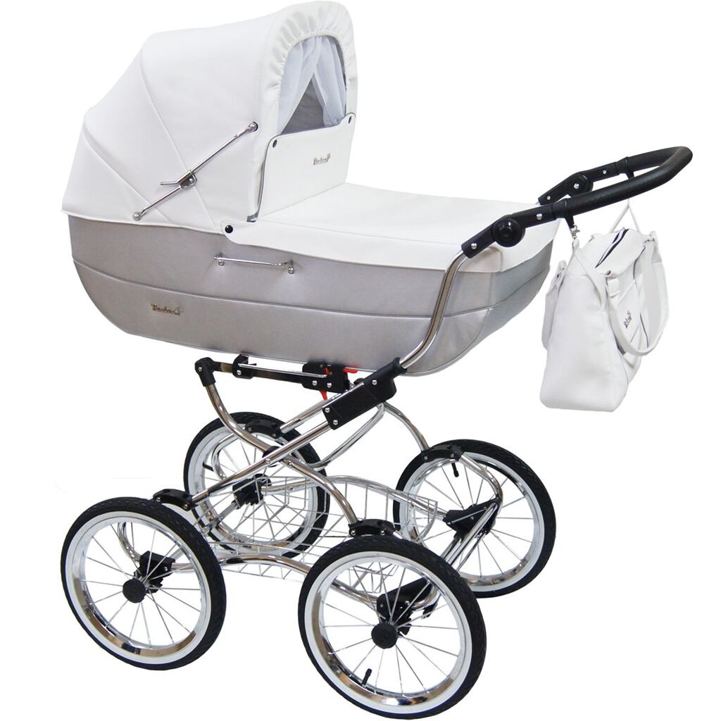 Wózek głęboki Baby Fashion Renee R-2 biało-szary na klasycznej chromowanej ramie z torbą