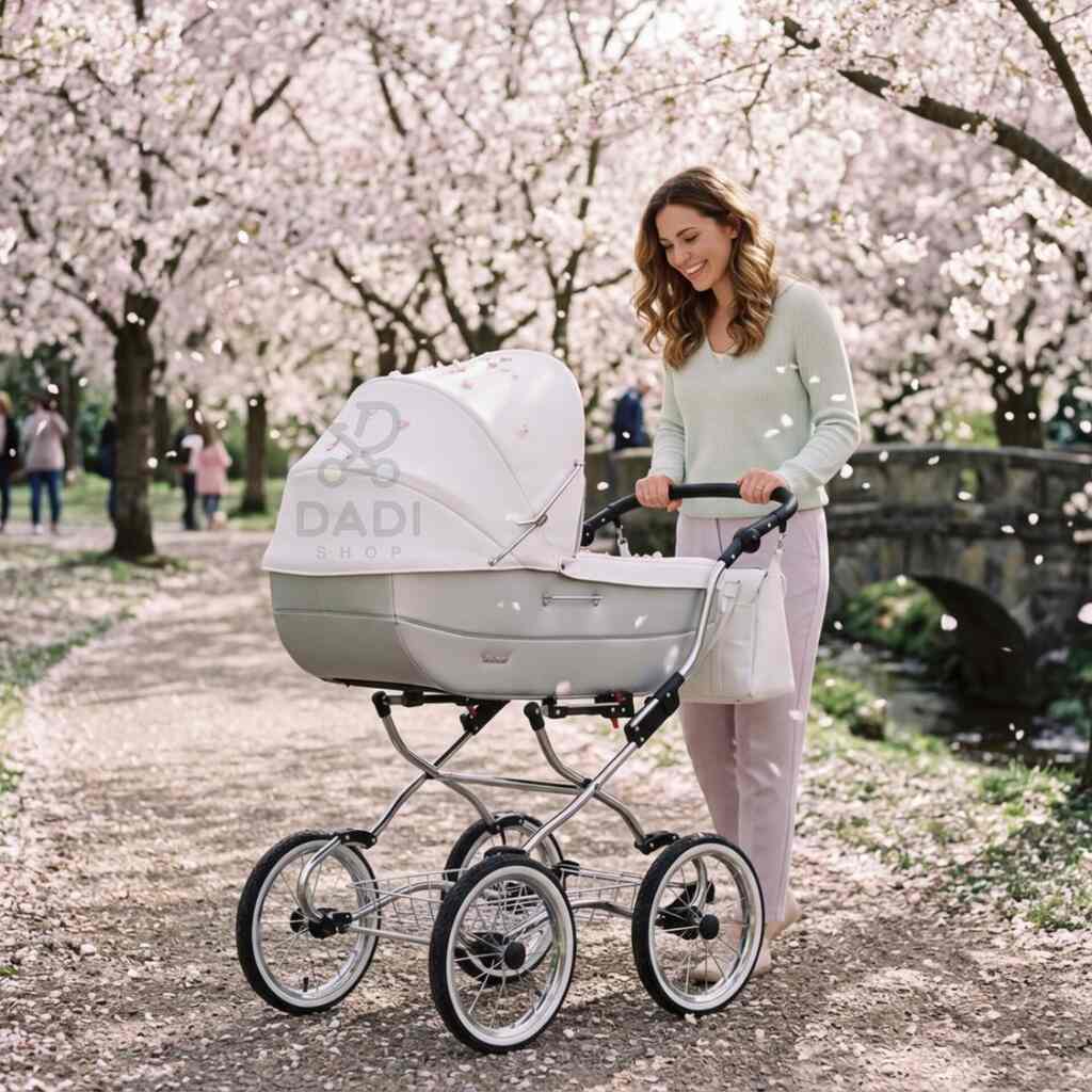 Uśmiechnięta mama na spacerze z biało-szarym wózkiem retro Baby Fashion Renee R-2 w parku.