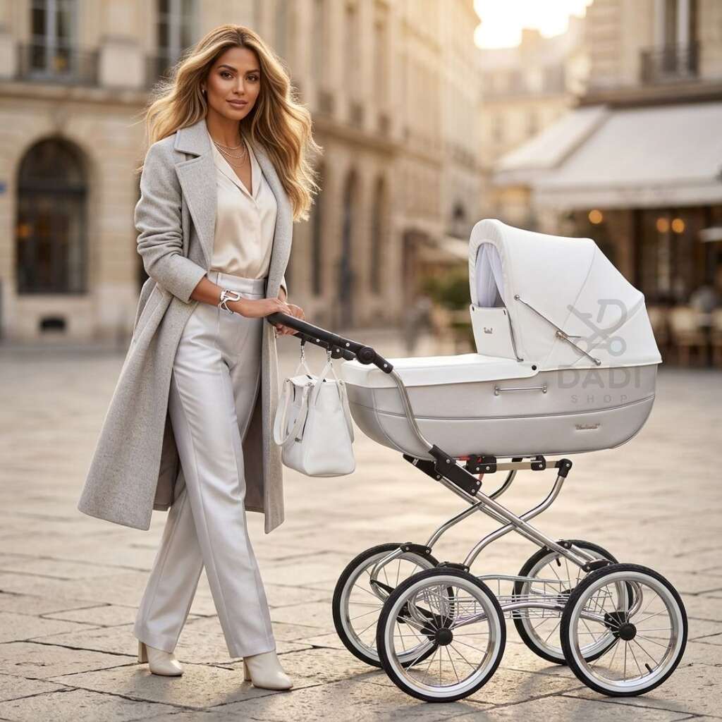Elegancka mama z klasycznym wózkiem głębokim 1w1 Baby Fashion Renee R-2 w kolorze biało-szarym.