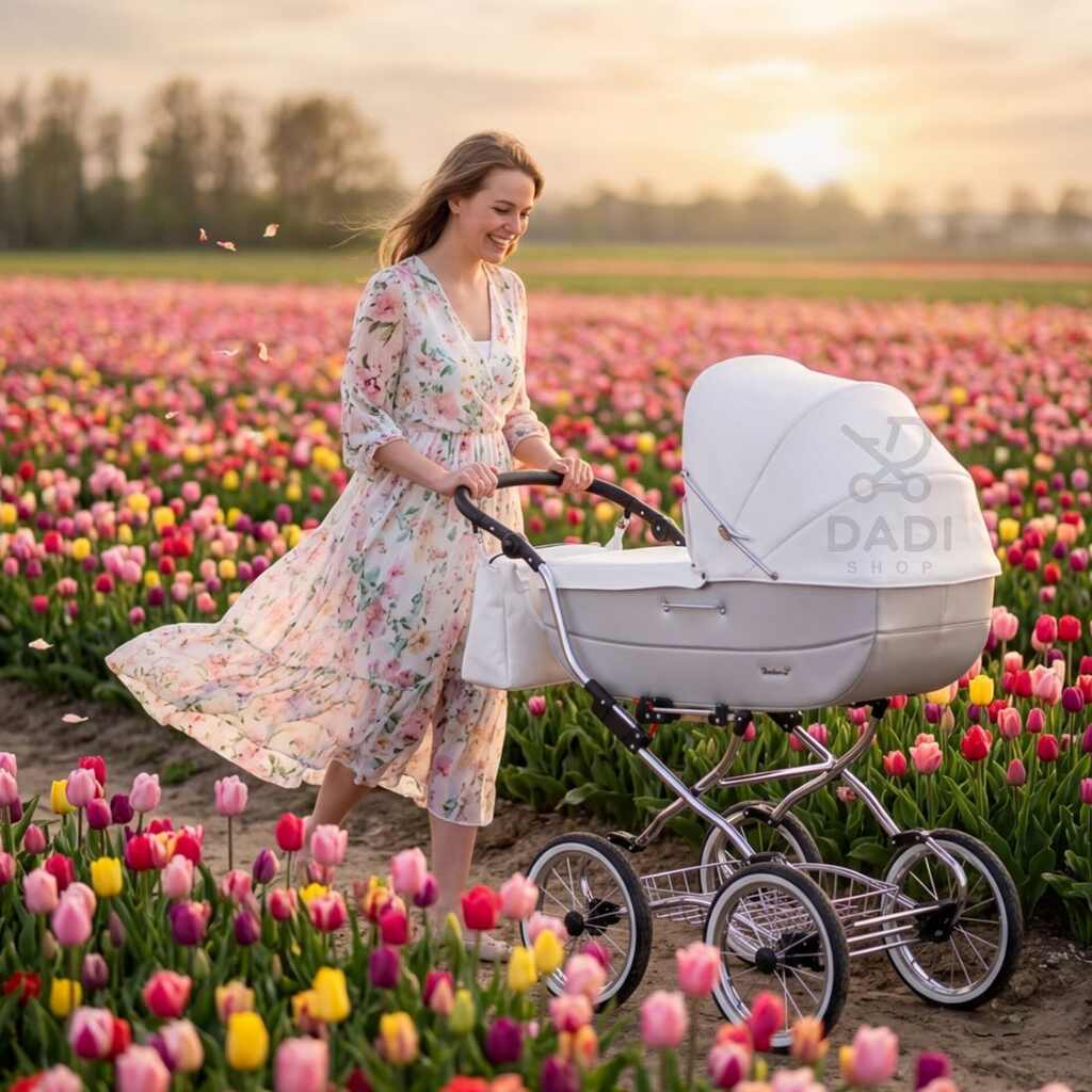 Uśmiechnięta mama z biało-szarym wózkiem retro Baby Fashion Renee R-2 na polu tulipanów.