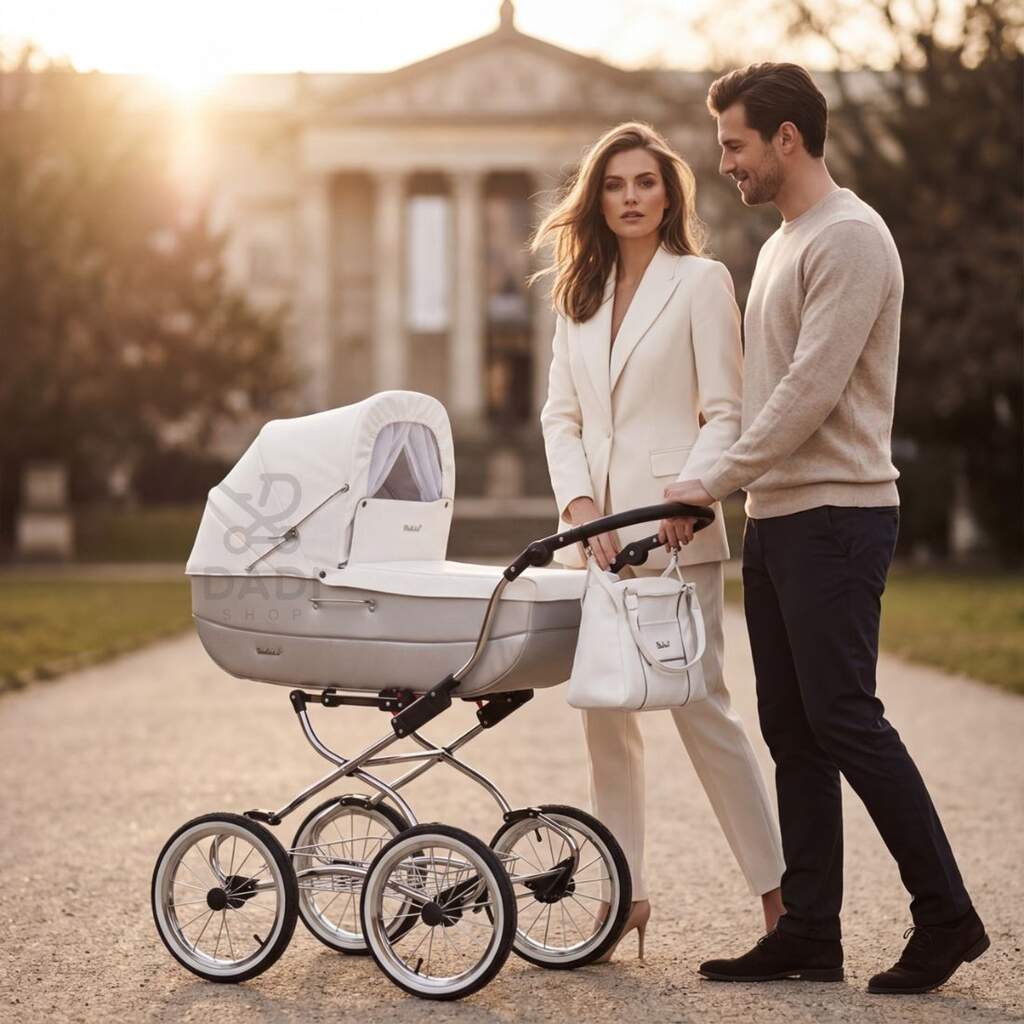 Szczęśliwi rodzice z wózkiem retro Baby Fashion Renee R-2 biało-szary na tle klasycznej architektury.