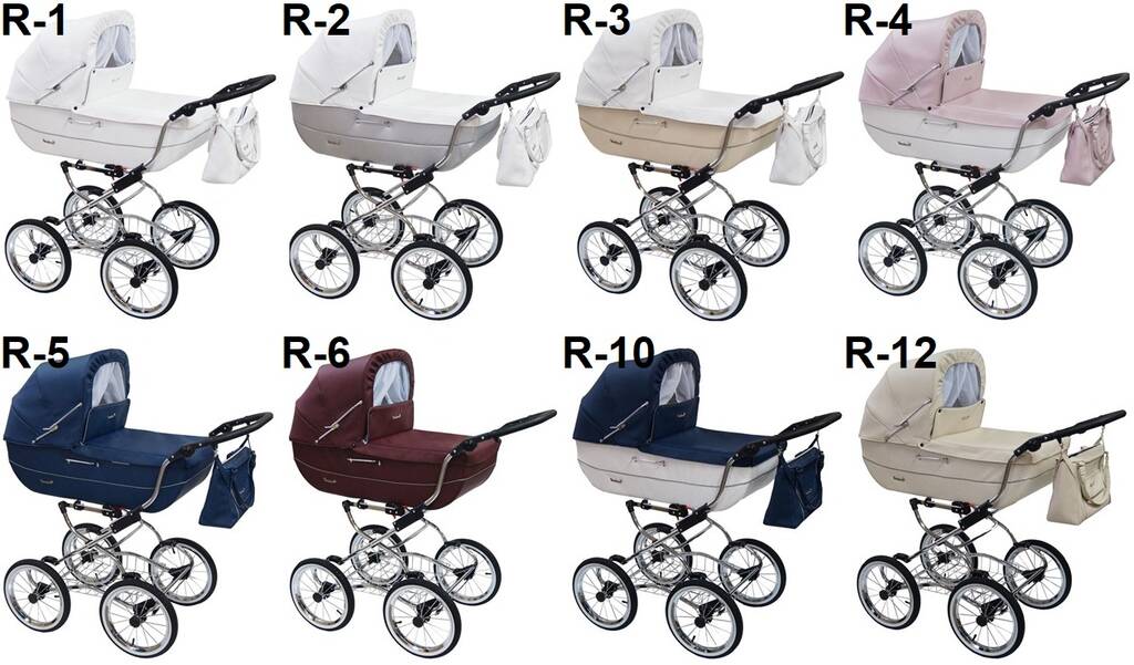 Przegląd dostępnych kolorów wózka Baby Fashion Renee, od jasnych bieli i beżów po granat i bordo.
