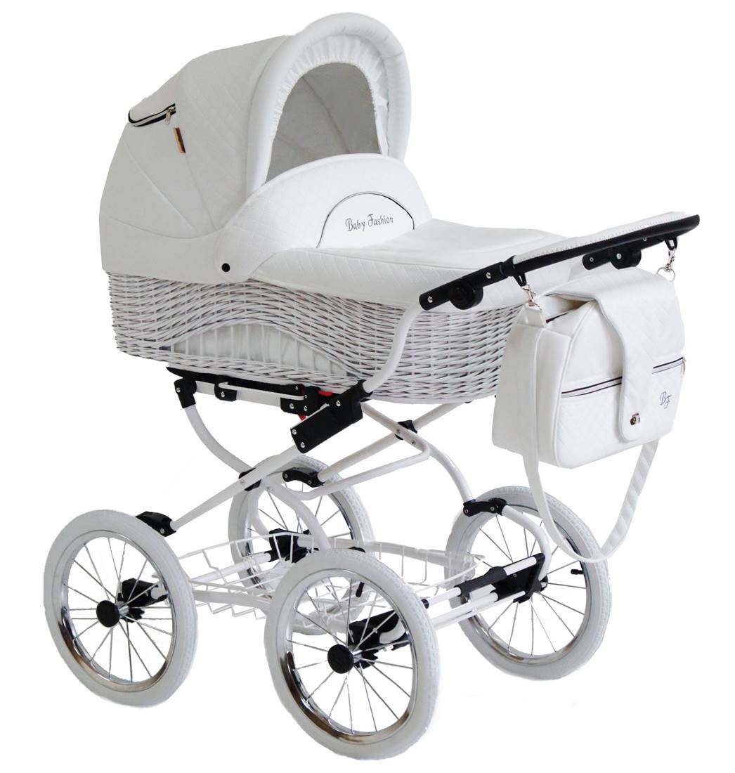 Wózek głęboki retro Scarlett Baby Fashion z wiklinową gondolą na białym tle, pełna prezentacja modelu