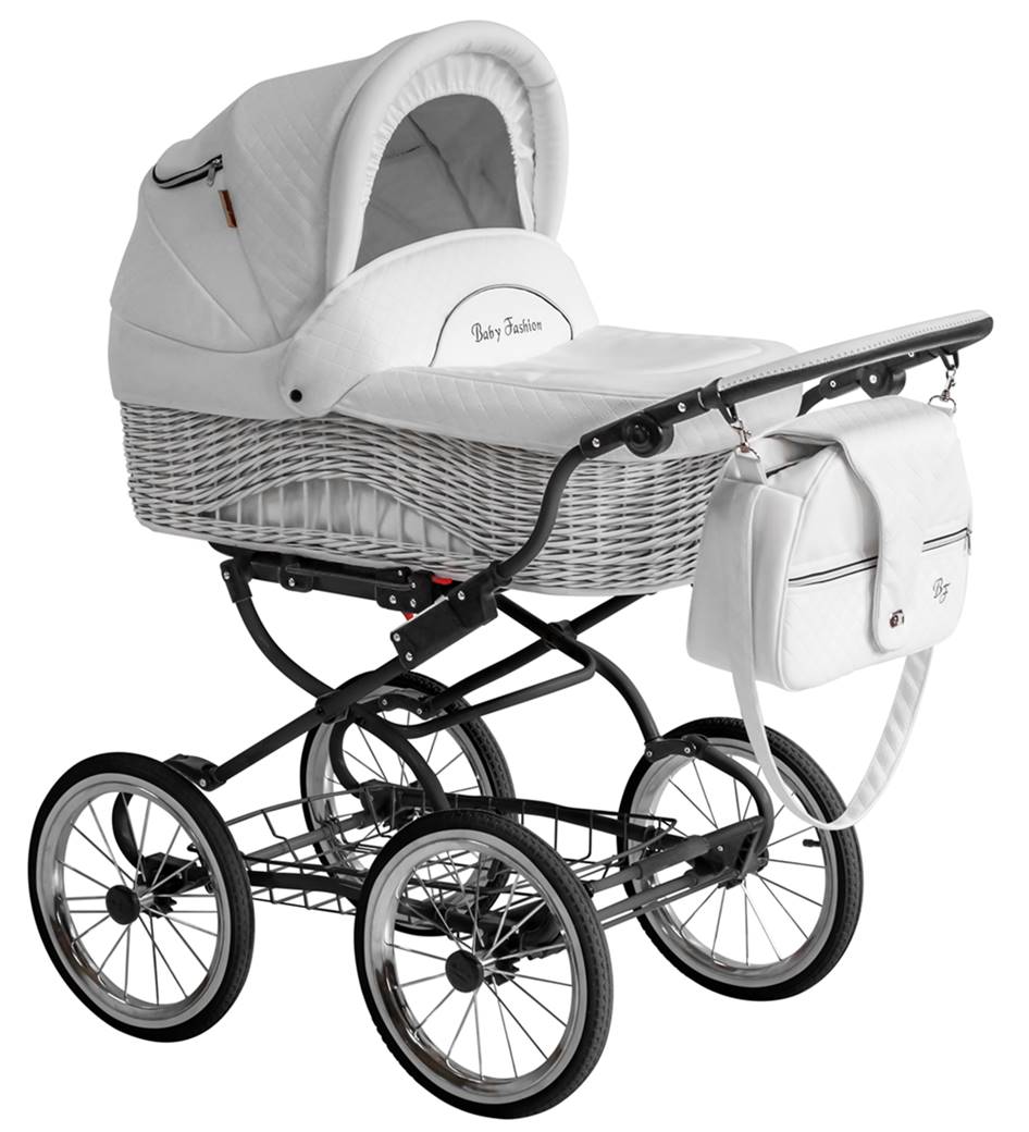 Wiklinowa gondola w wózku retro Scarlett na czarnej ramie – widoczna budka  gondoli i torba w kolorze białym