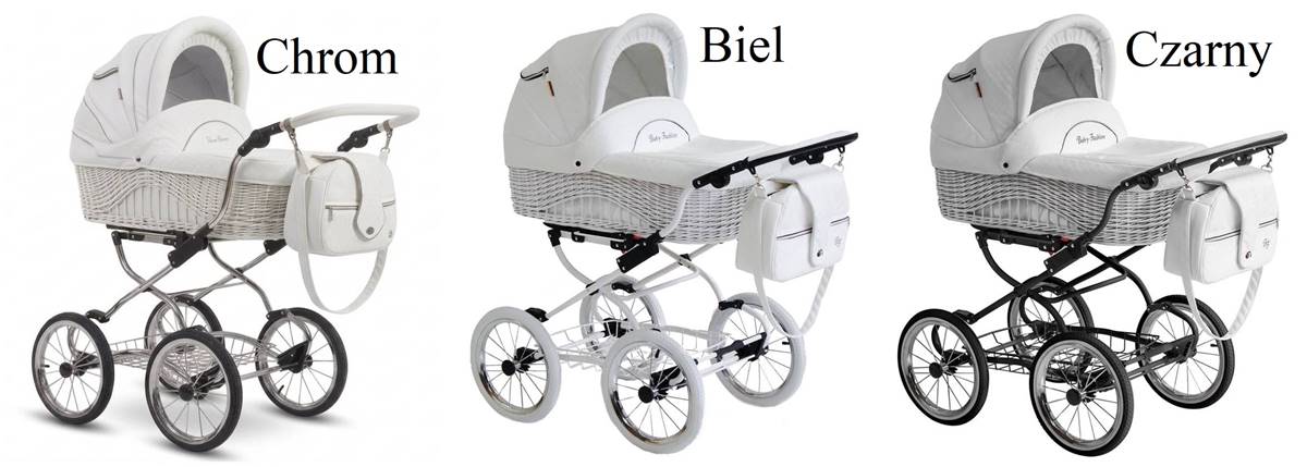 Kolory ramy wózka retro 3w1 Scarlett – porównanie trzech wariantów: chromowana, biała i czarna konstrukcja z wiklinową gondolą