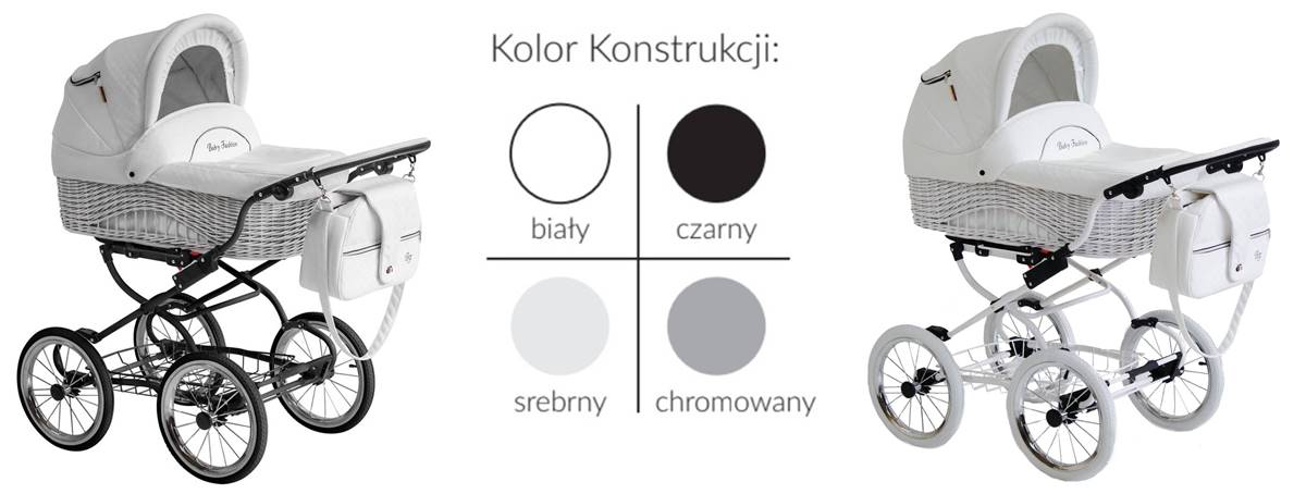 Kolorystyka ramy wózka retro 3w1 Scarlett – warianty: biały, czarny, srebrny i chromowany. Dwa wózki pokazane z różnymi ramami