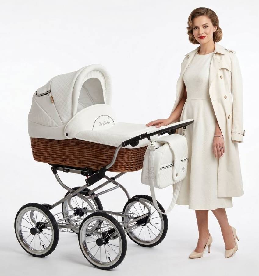 Klasyczny wózek głęboki Baby Fashion Scarlett o konstrukcji retro z plecioną wiklinową gondolą w kolorze białym.