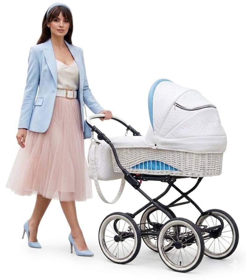 Wózek 2w1 Scarlett BW-3 z wiklinową gondolą, biało błękitny styl retro