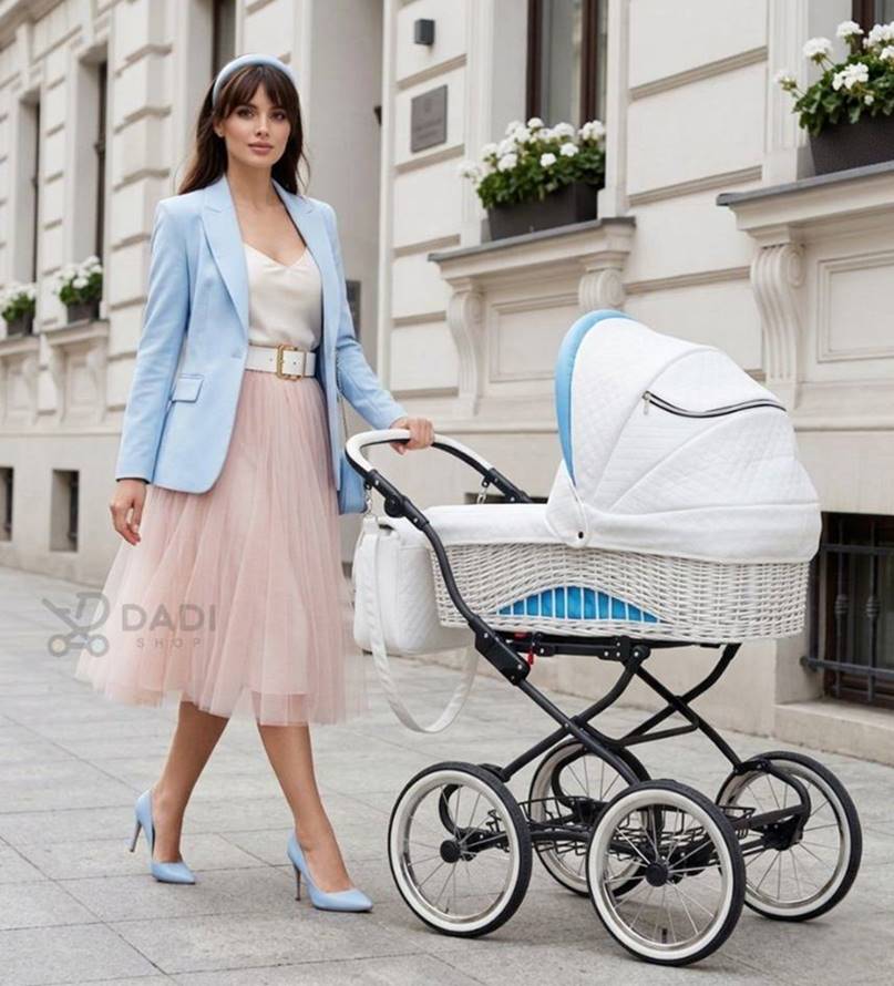 Elegant woman walking through the city with a baby in a blue retro pram, stylishly dressed, showcasing a calm and aesthetic urban lifestyle.