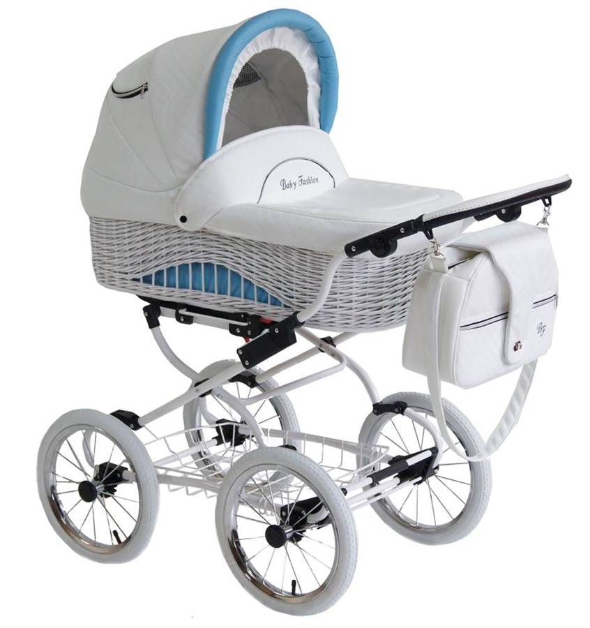 Wózek 2w1 Scarlett Baby Fashion BW-3 biało błękitny w stylu retro na białym tle