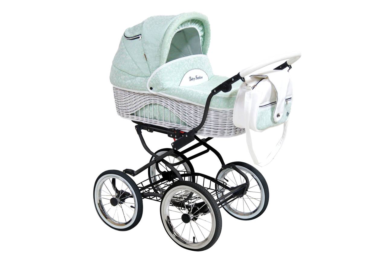 Biała wiklinowa gondola w wózku 3w1  Baby Fashion Scarlett BW-4 na klasycznym stelażu