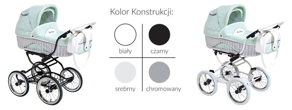 Wózek dziecięcy Scarlett BW-4 wraz z dostępnymi kolorami stelaża: białym, czarnym, srebrnym i chromowanym