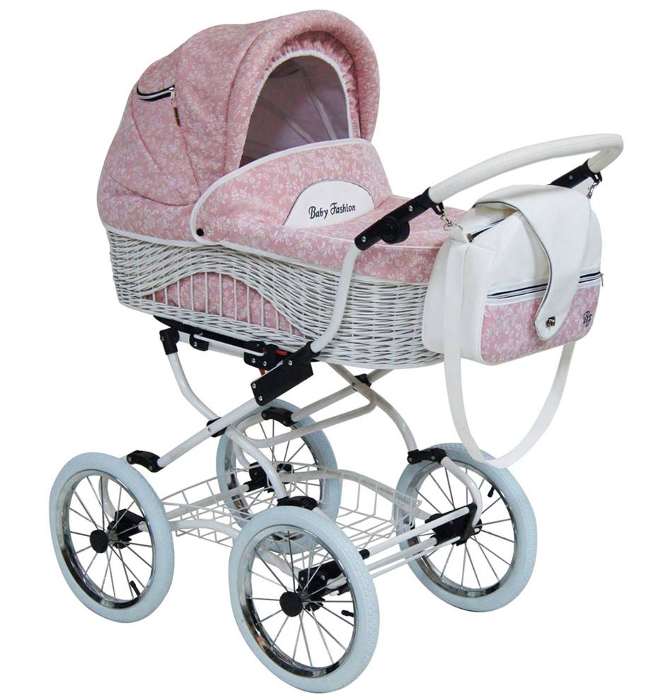 różowy wózek Baby Fashion Scarlett 4w1 BW-5 z białą wiklinową gondolą