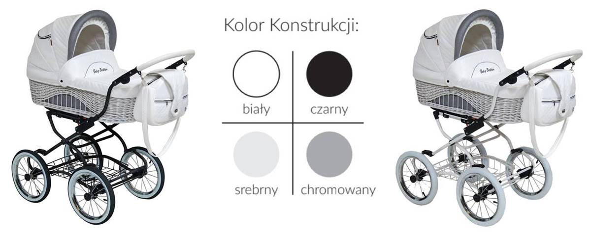Warianty kolorystyczne stelaża do wózka dziecięcego Scarlett BW-6: biały, czarny, srebrny oraz chromowany.