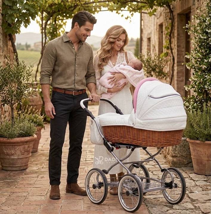 Rodzice z niemowlakiem przy wózku Scarlett 2w1 ujęcie lifestyle