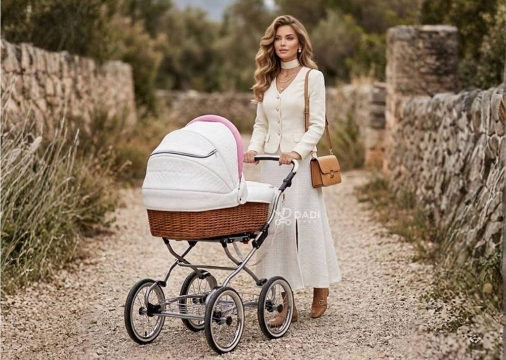 Wózek dziecięcy 2w1 Scarlett Baby Fashion z dużymi pompowanymi kołami podczas spaceru w naturalnym plenerze