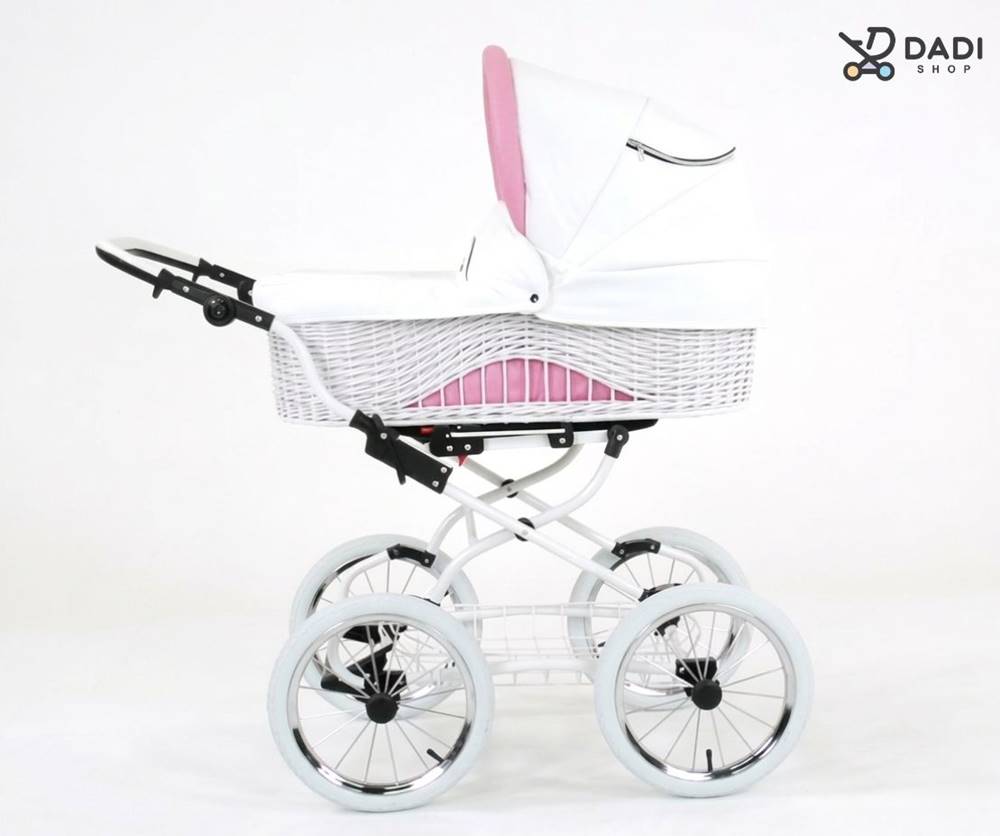 Wózek retro 3w1 Baby Fashion Scarlett z wiklinową gondolą – widok z profilu