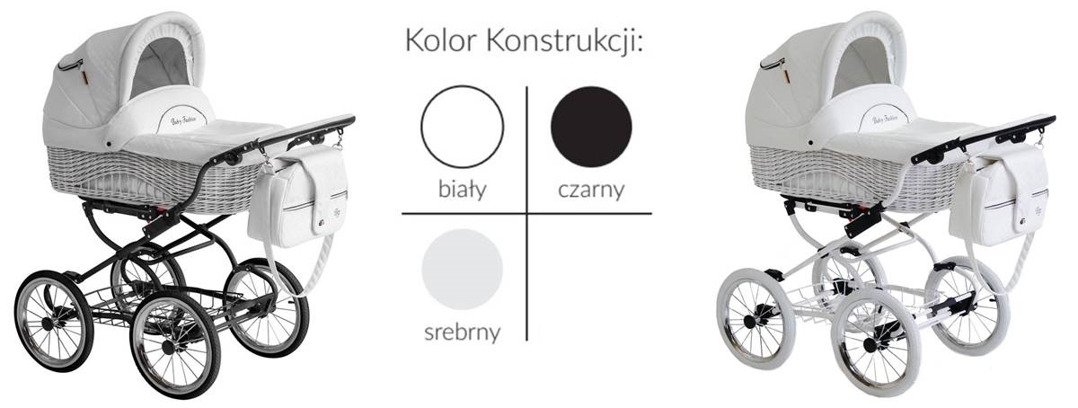 Kolory ramy wózka retro 3w1 Scarlett – porównanie trzech wariantów: biała i czarna konstrukcja z wiklinową gondolą