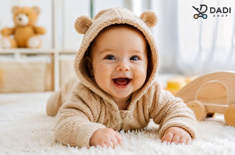 Uśmiechnięte niemowlę w przytulnym pokoju dziecięcym – akcesoria dziecięce i niemowlęce Dadi-Shop