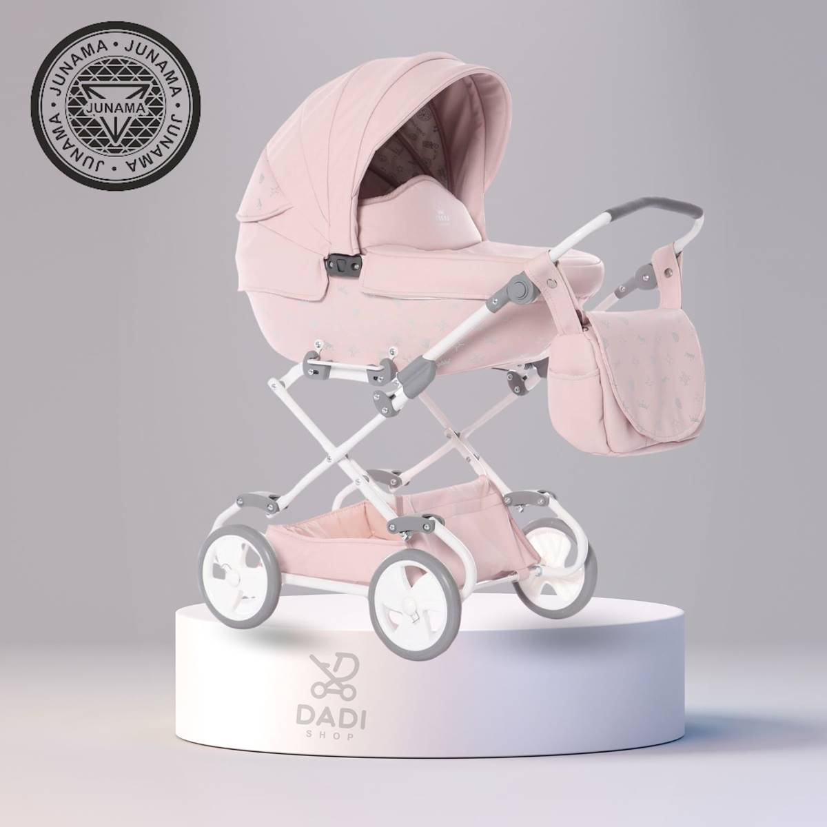 Wózek dla lalek Imperial Mini w kolorze pudrowego różu, z regulowaną rączką i lekką, solidną konstrukcją, wykonany z bezpiecznych, atestowanych materiałów.