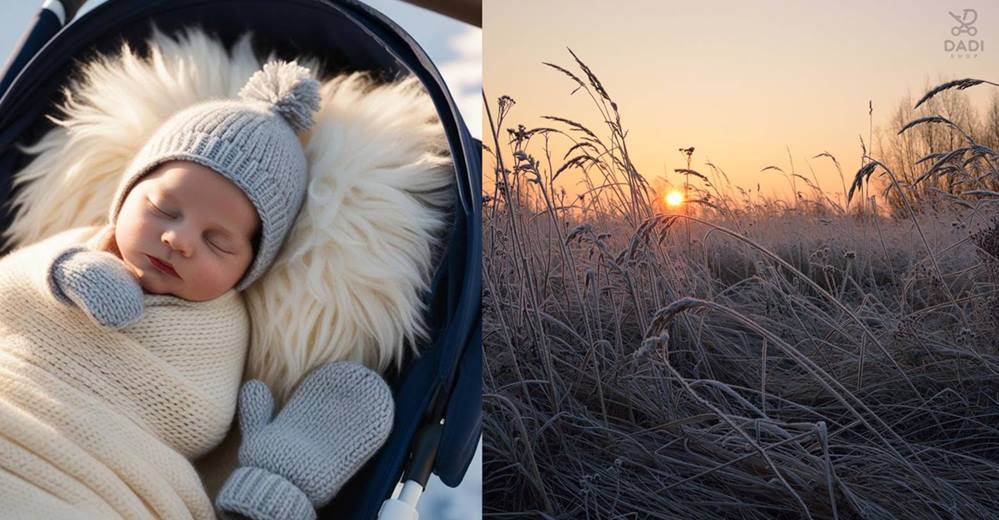 Niemowlę w beciku i czapeczce na puchatej poduszce podczas zimowego werandowania, delikatny mróz, świeże powietrze.