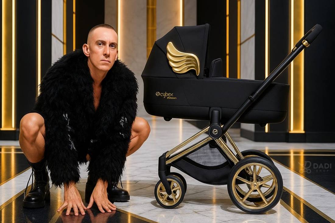 Cybex  Jeremy Scott Wings – luksusowy wózek kolekcja platinum z czarną tapicerką i złotymi skrzydłami, symbol prestiżu.