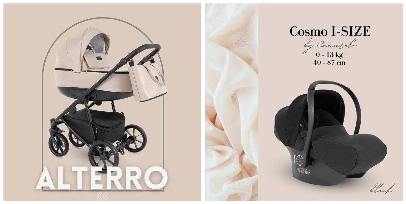 Wózek 3w1 Camarelo Alterro z fotelikiem nosidełkiem Avionaut Cosmo i-Size – zestaw wielofunkcyjny.