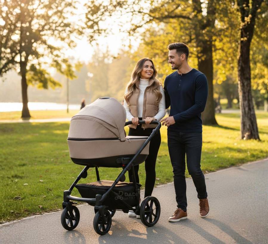 Rodzice spacerujący z wózkiem 3w1 Camarelo Alterro 07 beżowy – elegancki kremowy wózek dziecięcy.