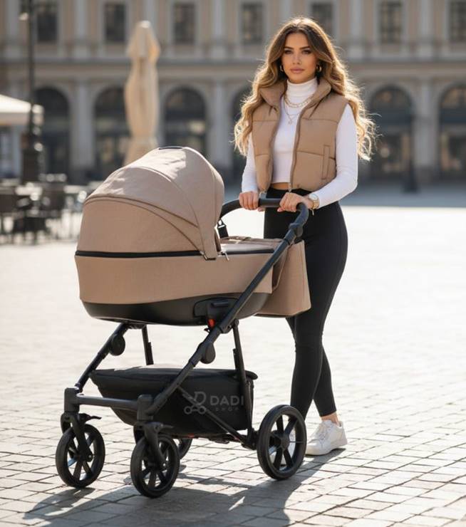 Wózek dziecięcy 3w1 Camarelo Alterro 07 kremowy beżowy – modelka w casualowym stylu na tle miasta.