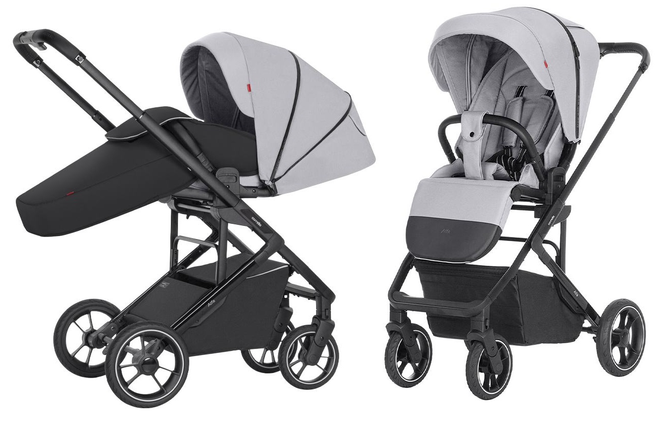 Wózek spacerowy Carrello Alfa Feather Grey 2024 – prezentacja modelu w kolorze szarym, widok z przodu i z boku.