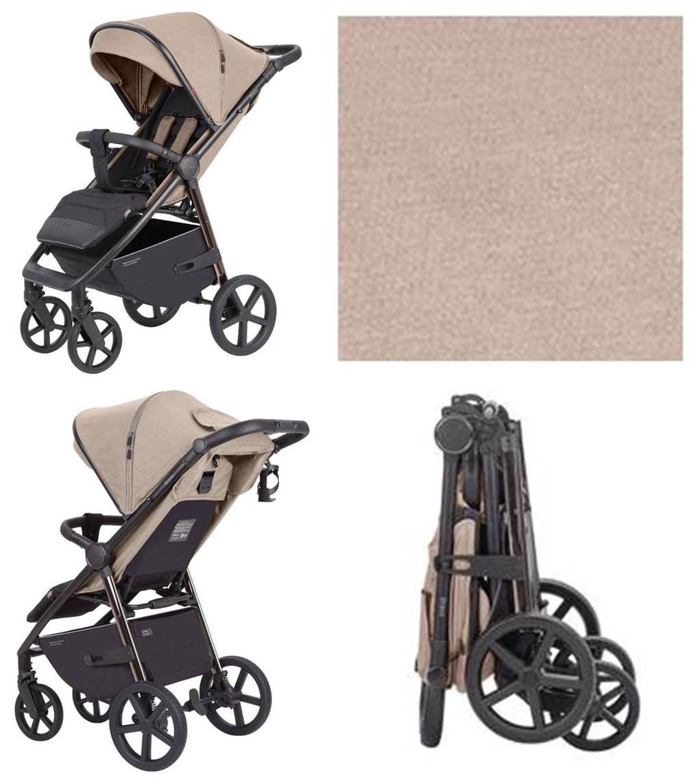 Wózek spacerowy Carrello Bravo Plus 2024 w kolorze Ivory Beige – prezentacja modelu z przodu i tyłu, składanie wózka, dostępny w sklepie Dadi Shop.