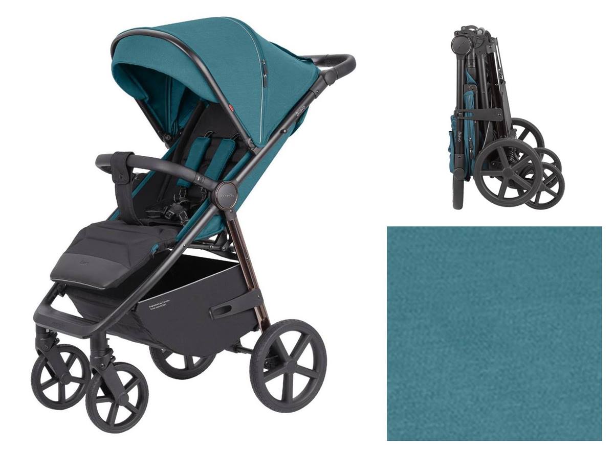 Wózek spacerowy Carrello Bravo Plus Oxford Blue 2024 – rozłożony i złożony wózek w kolorze morskim niebieskim, widok z obu perspektyw – sklep Dadi-Shop
