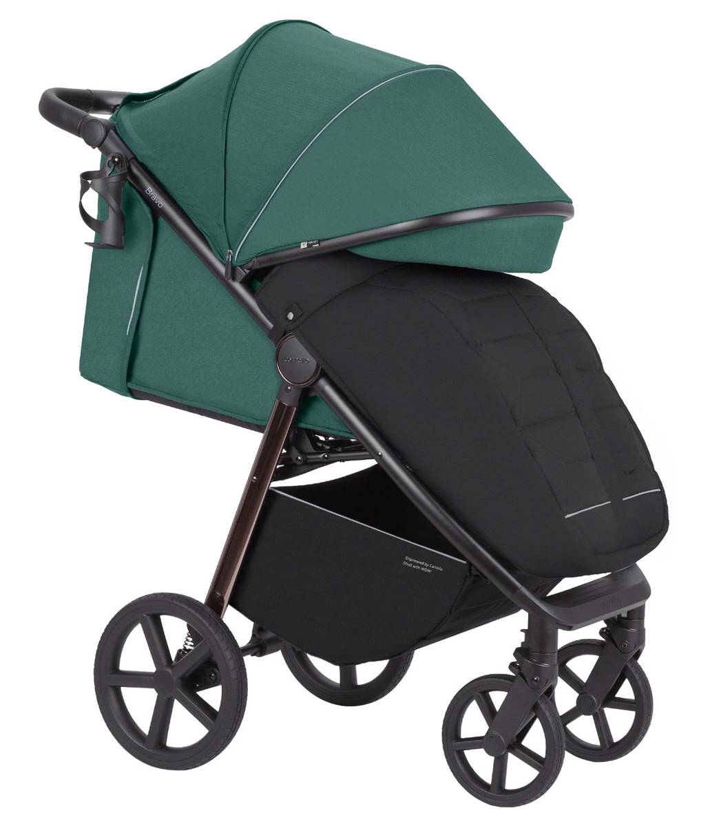 Wózek spacerowy Carrello Bravo Plus Palm Green – przedłużana budka chroni przed zimnem, pokrowiec na nóżki, dostępny w sklepie Dadi Shop.