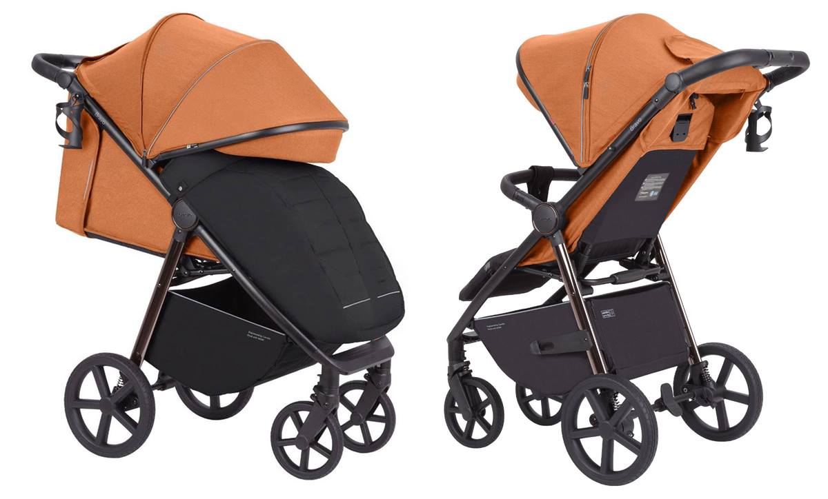 Carrello Bravo Plus Tango Orange – rozkładane oparcie do spania, uchwyt na kubek w zestawie, duże koła dla komfortowych spacerów.