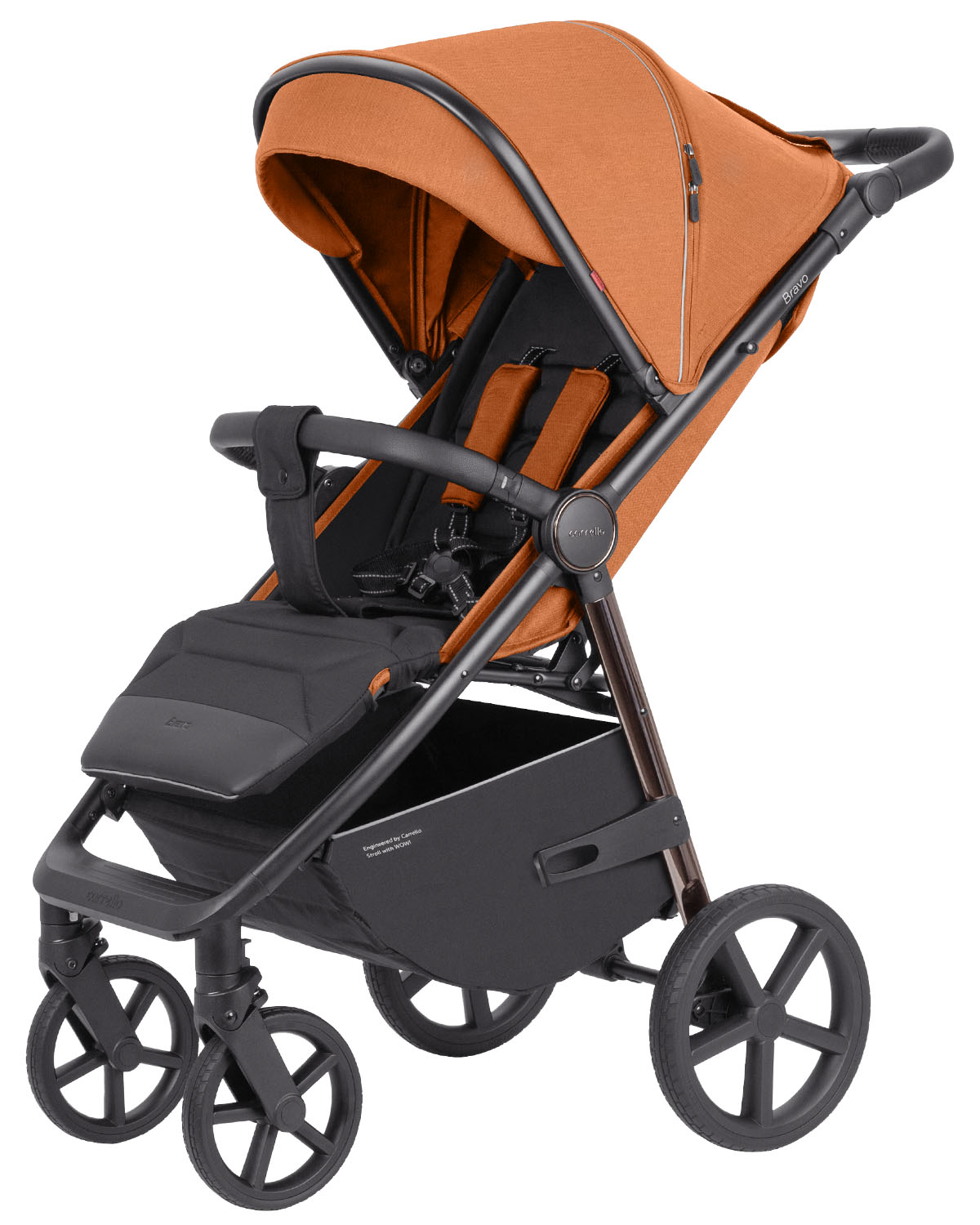Wózek spacerowy Carrello Bravo Plus Tango Orange 2024 (model 5515) – stylowy pomarańczowy design, dostępny w sklepie Dadi-Shop.