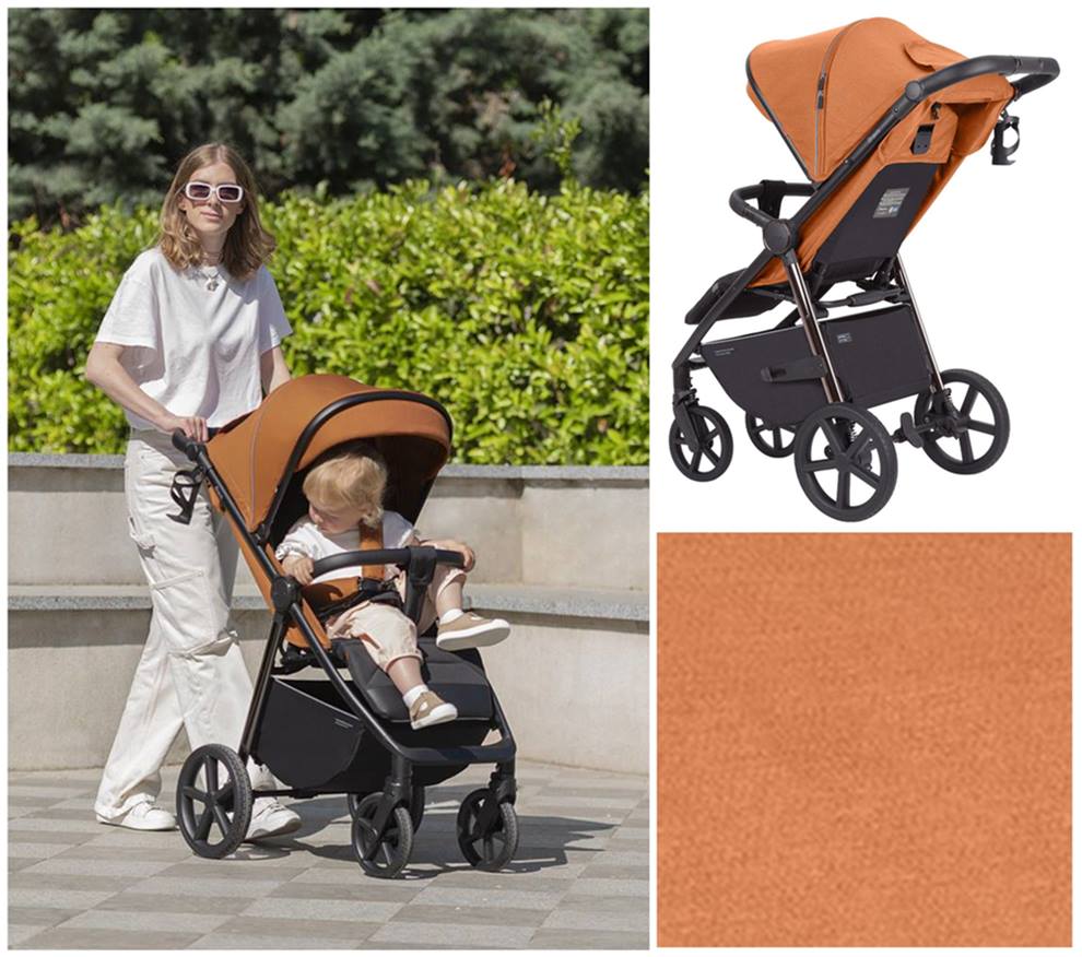 carelo bravo plus tango orange spacer z dzieckiem  i wózkiem spacerowym