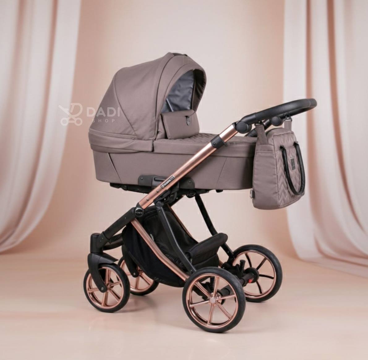Coletto Dante 3-in-1 baby pram in taupe with rose gold frame – design details, lightweight aluminum construction, and spacious storage basket