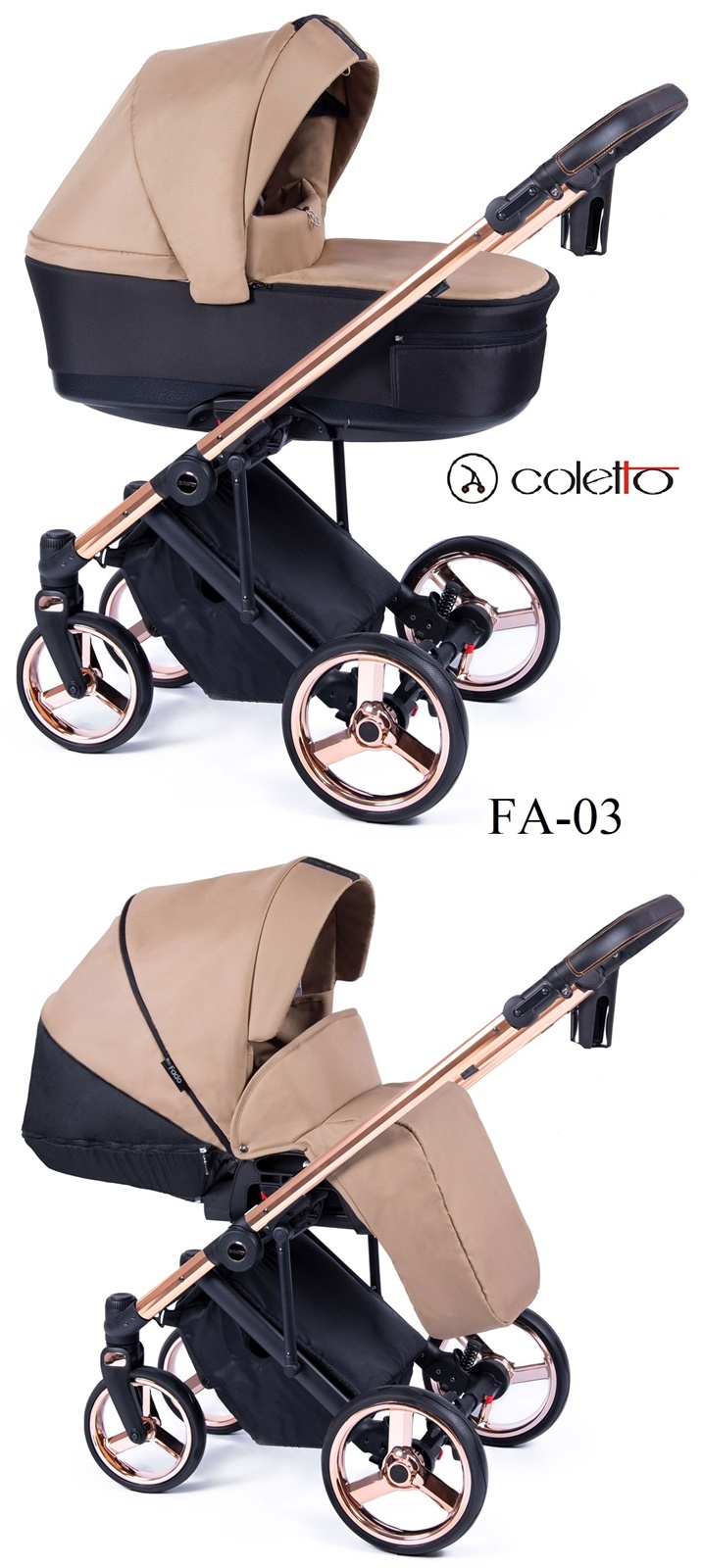 Coletto Fado - wózek 2w1 - gondola i spacerówka beżowe 03 miedziany stelaż