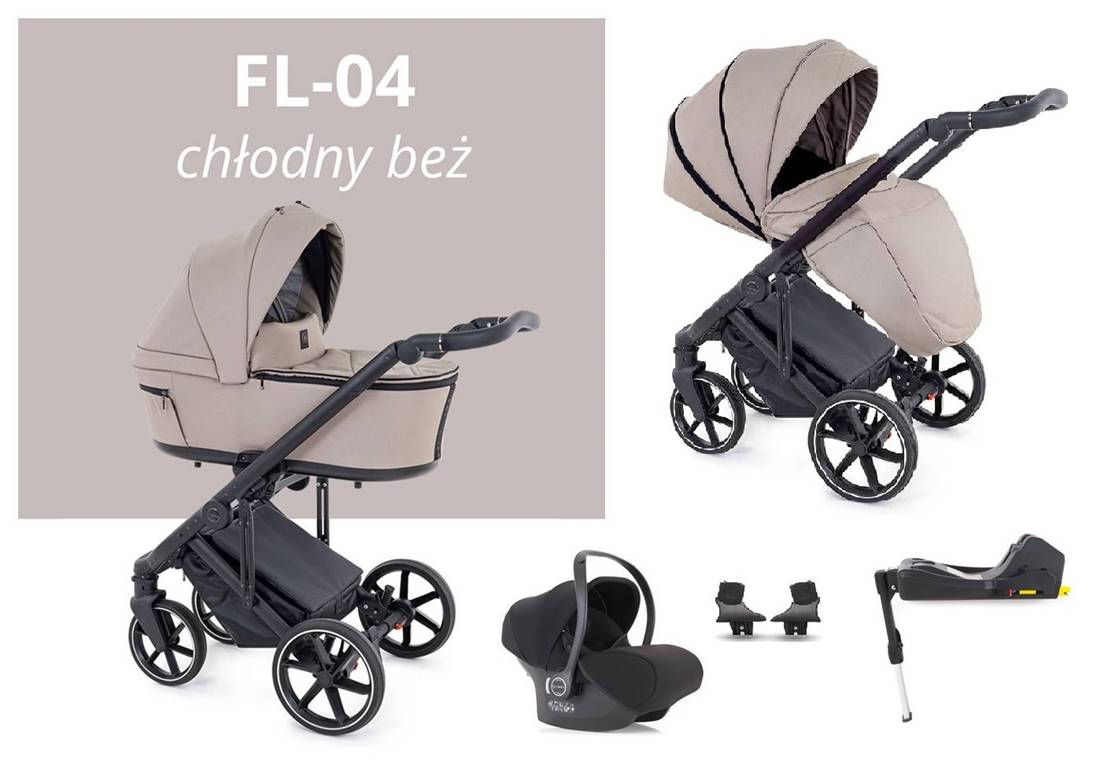Wózek dziecięcy 4w1 Coletto Flow FL-04 w chłodnym beżu z fotelikiem i bazą Isofix – elegancja i funkcjonalność w jednym, dostępne w Dadi Shop.