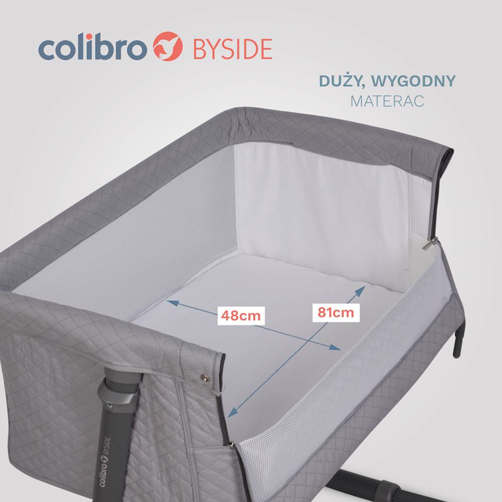 Wymiary wewnętrzne łóżeczka Colibro Byside  kolor dove – przestrzeń do spania dziecka