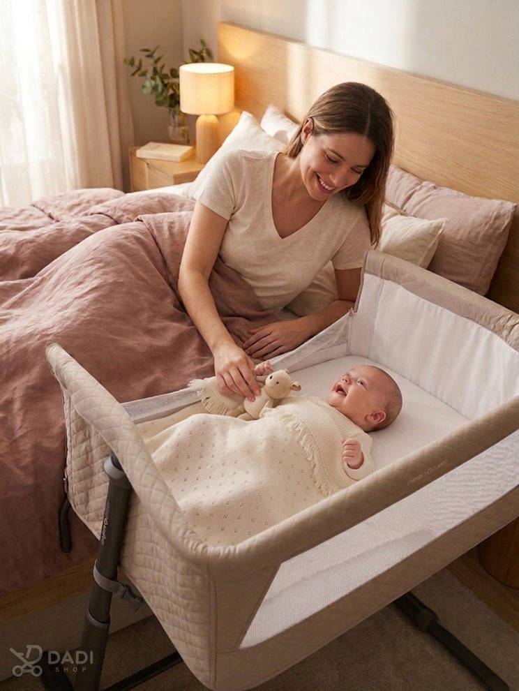 Szczęśliwa mama z niemowlęciem w łóżeczku dostawnym Colibro Byside w kolorze taupe przy łóżku rodziców.