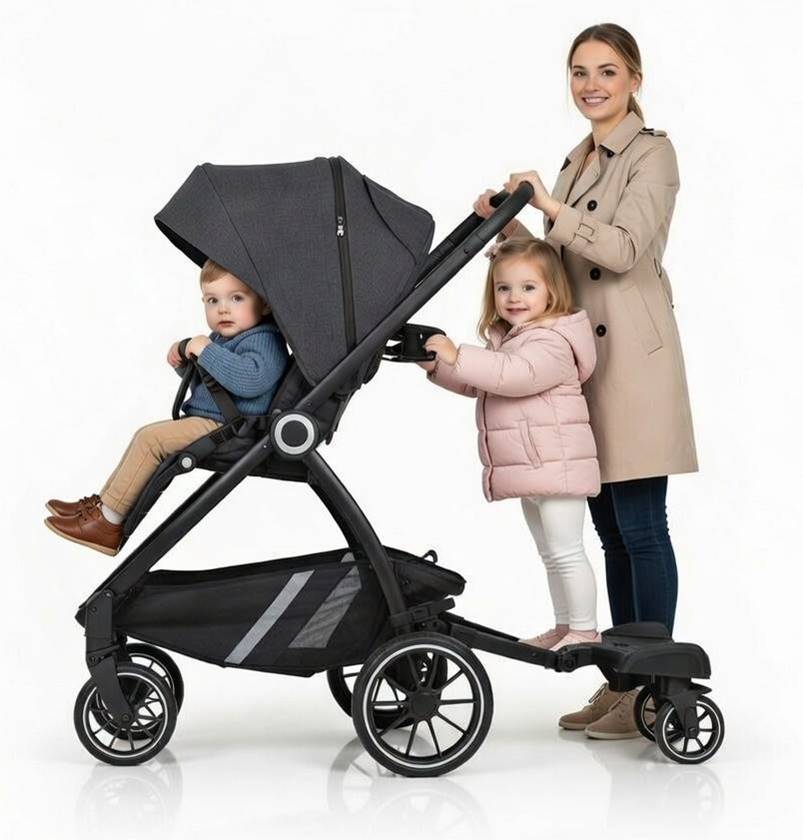 Colibro Board – kobieta prezentuje wózek z dostawką, jedno dziecko w spacerówce, drugie stoi na dostawce.