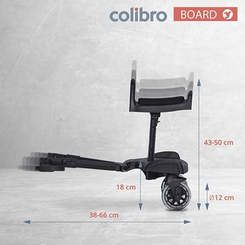 Colibro Board – infografika techniczna z wymiarami dostawki do wózka 2w1 z siedziskiem