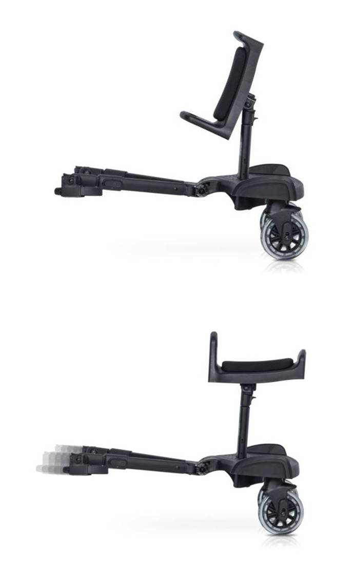 Colibro Board – składane siedzisko dostawki do wózka 2w1, prezentacja funkcji składania