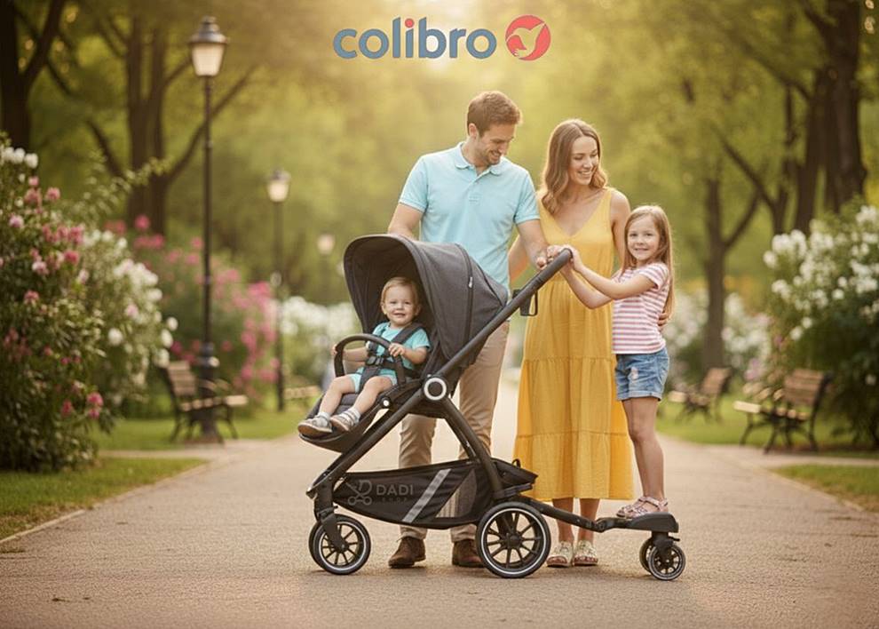 Dostawka do wózka Colibro Board 2w1 w użyciu – szczęśliwa rodzina spacerująca z dwójką dzieci w parku
