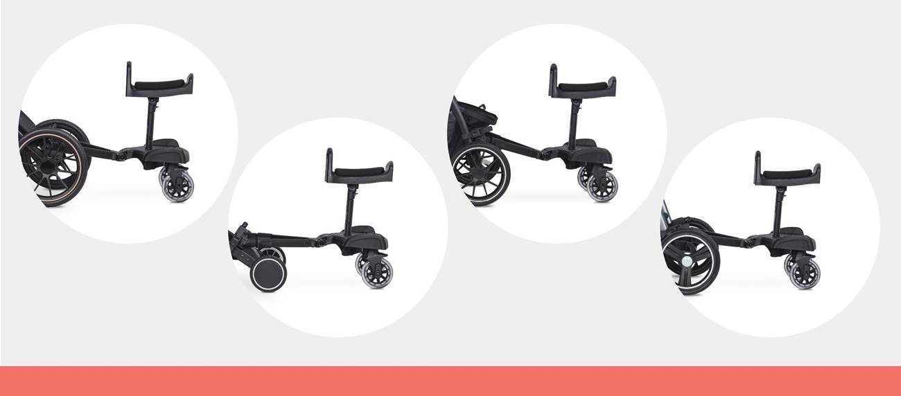 Colibro Board 2w1 – kolaż zdjęć, różne wózki, pokaz mocowania dostawki z siedziskiem