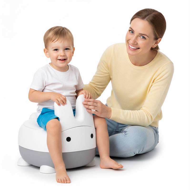 Chłopiec siedzi na nocniku NUKI Cloud w kształcie króliczka, obok niego mama, studio. | dadi-shop