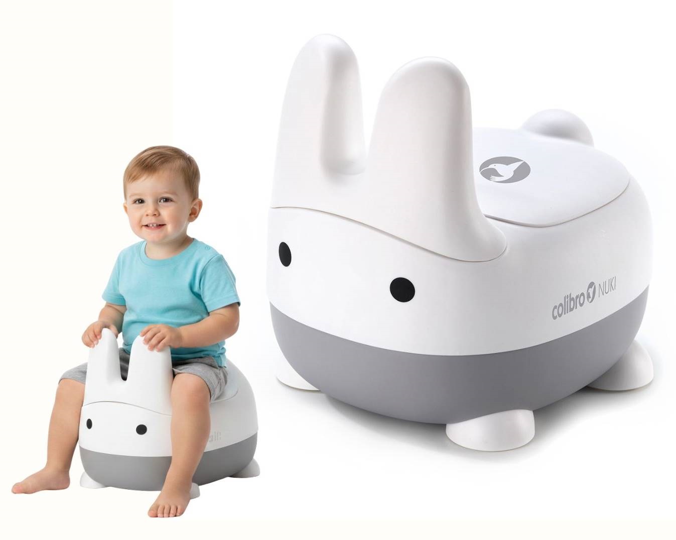 NUKI Cloud w kolorze pastelowym – maluch uczy się samodzielności w zabawie, wspierany przez przyjaznego króliczka marki Colibro.