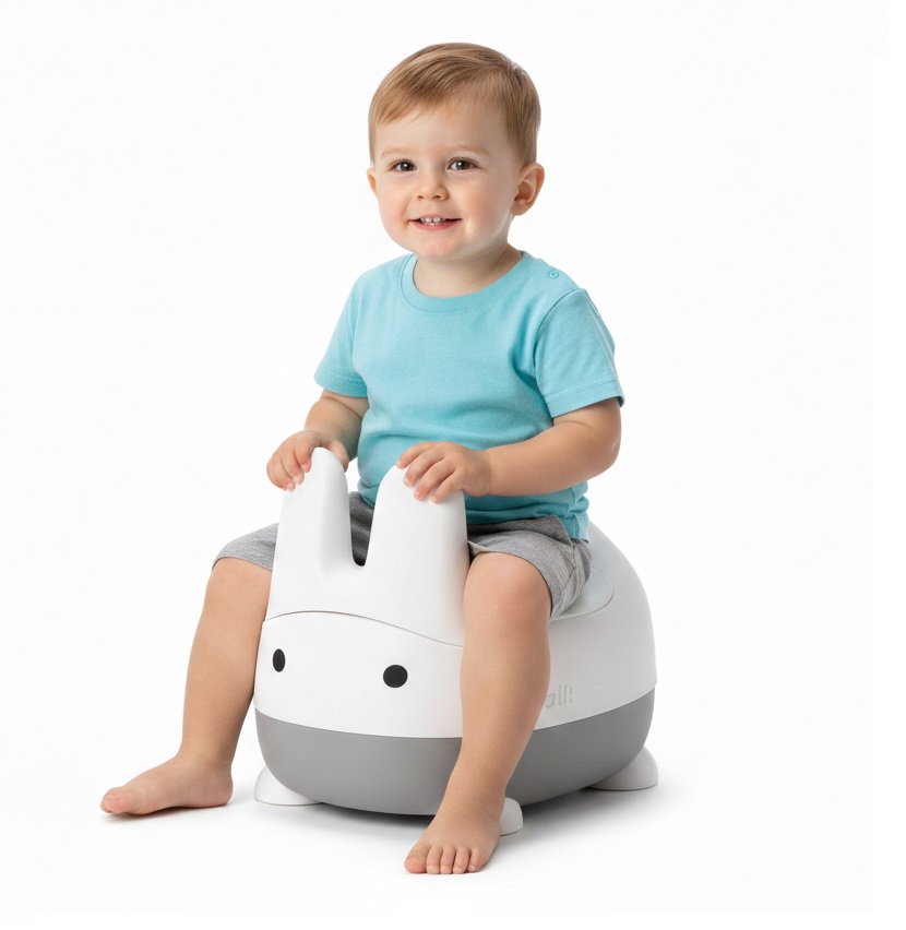 Chłopiec siedzi na nocniku dziecięcym NUKI Cloud w kształcie króliczka – idealny dla dzieci od 6 do 36 miesięcy